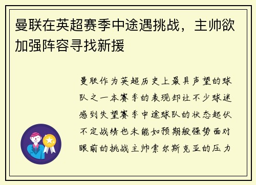 曼联在英超赛季中途遇挑战，主帅欲加强阵容寻找新援