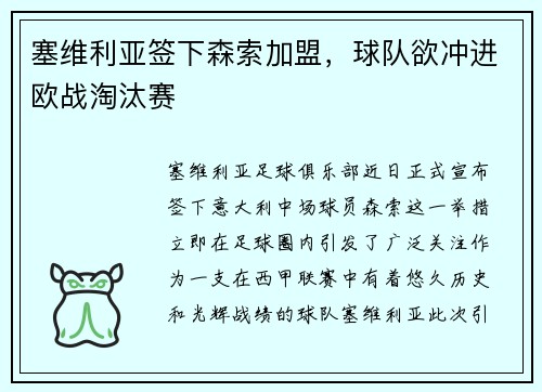 塞维利亚签下森索加盟，球队欲冲进欧战淘汰赛