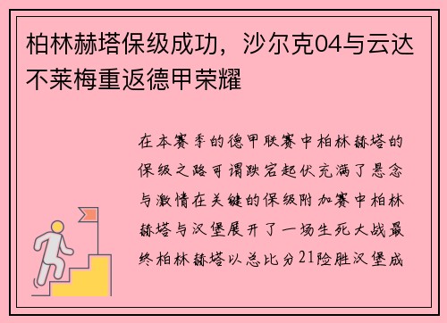 柏林赫塔保级成功，沙尔克04与云达不莱梅重返德甲荣耀